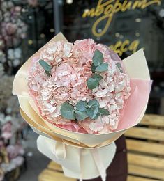 Букет из 7 гортензий с эвкалиптом