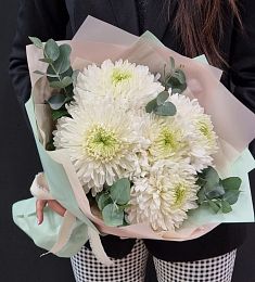 5 белых хризантем с эвкалиптом